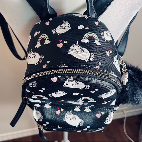 Unicorn And Rainbows Mini Vinyl Backpack Purse Bookbag With Pom Pom - Picture 3 of 10